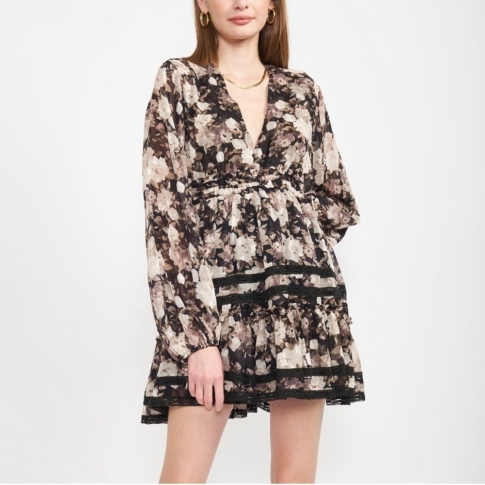 NWT En Saison Rena Black Beige Floral Mini Dress Size 2X